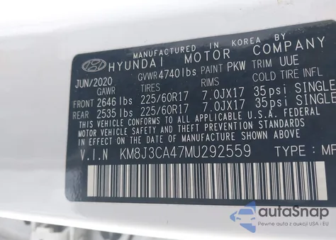 2021 Hyundai Tucson Value z USA, uszkodzony, nr VIN KM8J3CA47MU292559